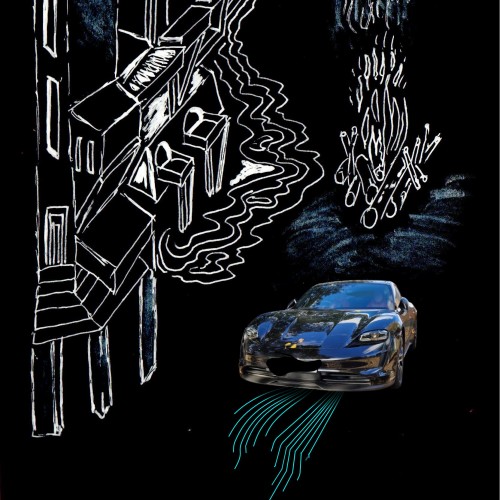 Collage photo + drawing on black paper