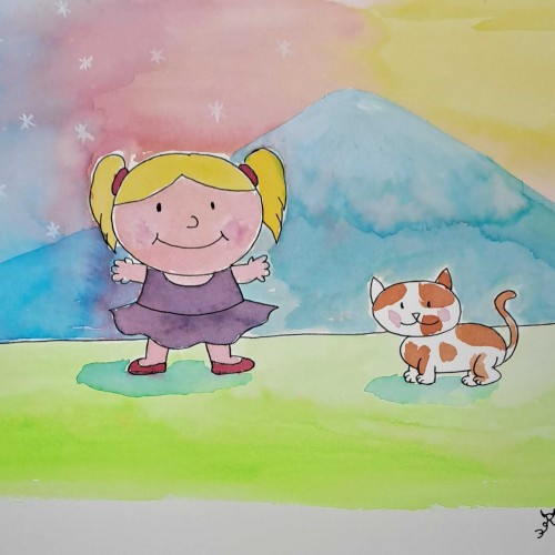 Little child and her pet cat are enjoying the scenery