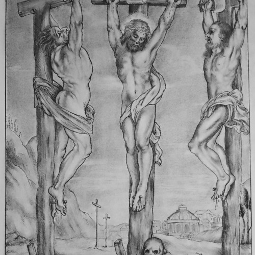 Christus aan het kruis tussen de twee gekruisigde misdadigers