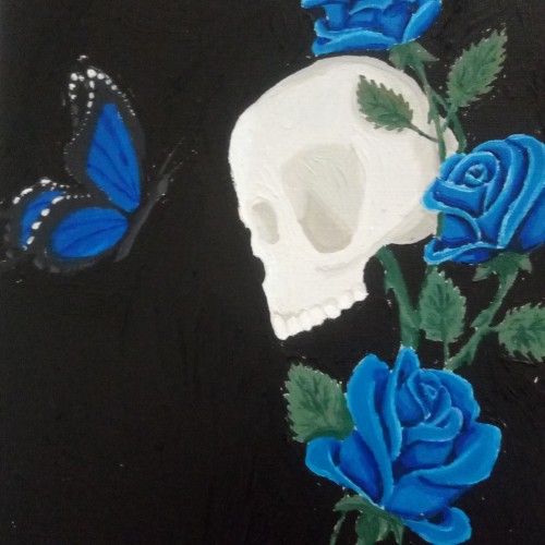 Skull with Blue Roses and a Butterfly