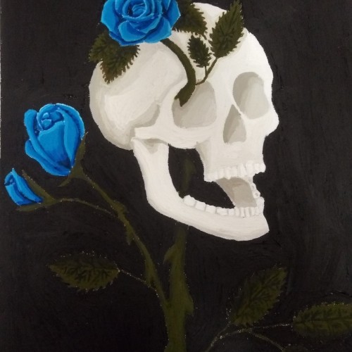 Blue Roses through a Skull