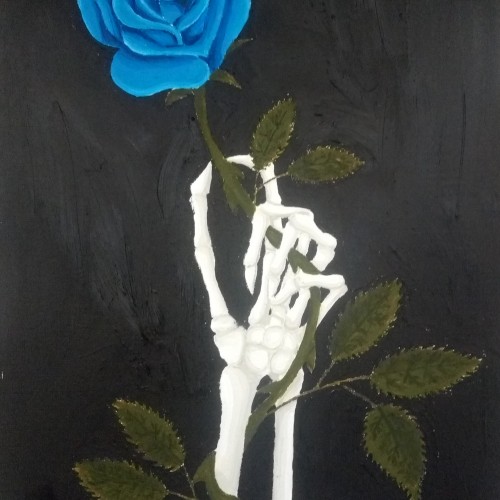 Skeleton hand holding a Blue Rose