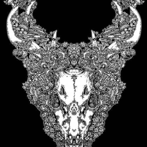 Botanical Deer Skull with Mushrooms