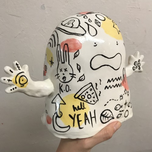 Doodled Ceramic Monster Sculpture