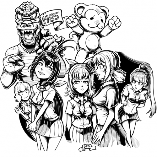 Anime Characters in my style + Godzilla 1985