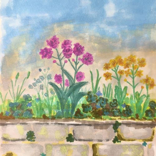 flowers in a stone flower bed