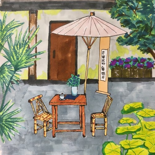 having tea outdoor