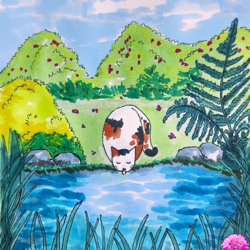 cat drinking from a pond